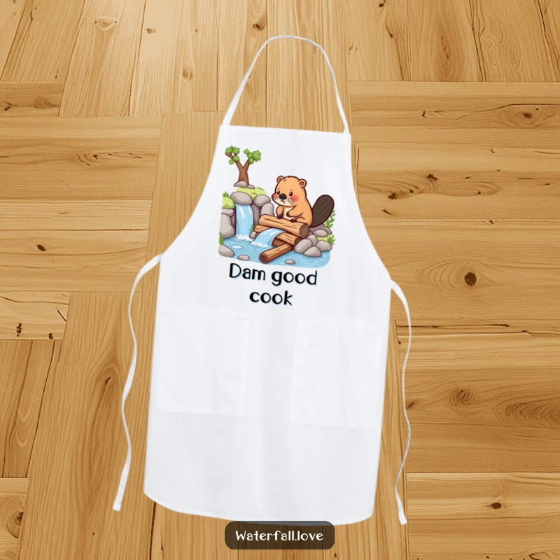 Funny beaver diligently building a dam near a waterfall, printed on a practical and funny apron for the kitchen.