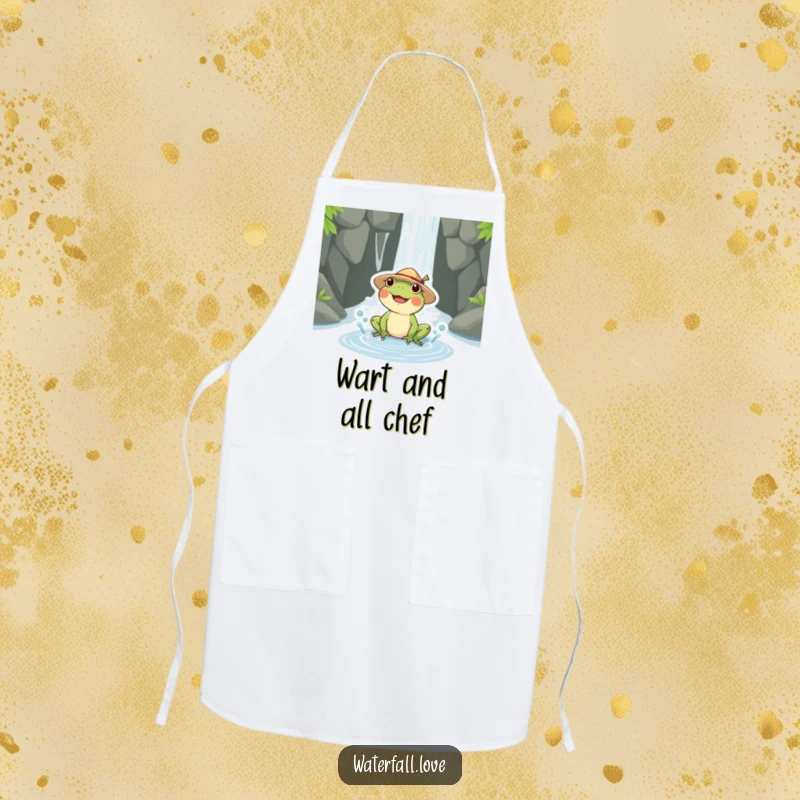 Funny frog in a straw hat happily splashing in a puddle near a waterfall, printed on a practical and funny cooking apron.