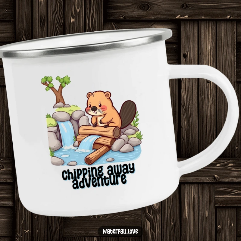 Funny beaver building a dam with logs near a waterfall, printed on a rugged and funny enamel camping mug.