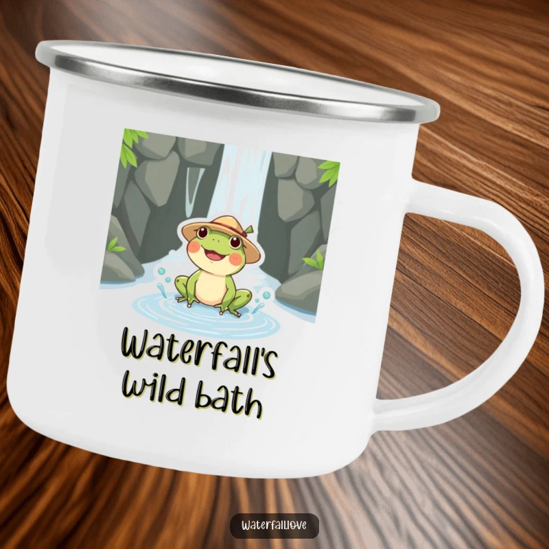 Funny frog in a straw hat splashing in a puddle near a waterfall, decorating this funny enamel camping mug.