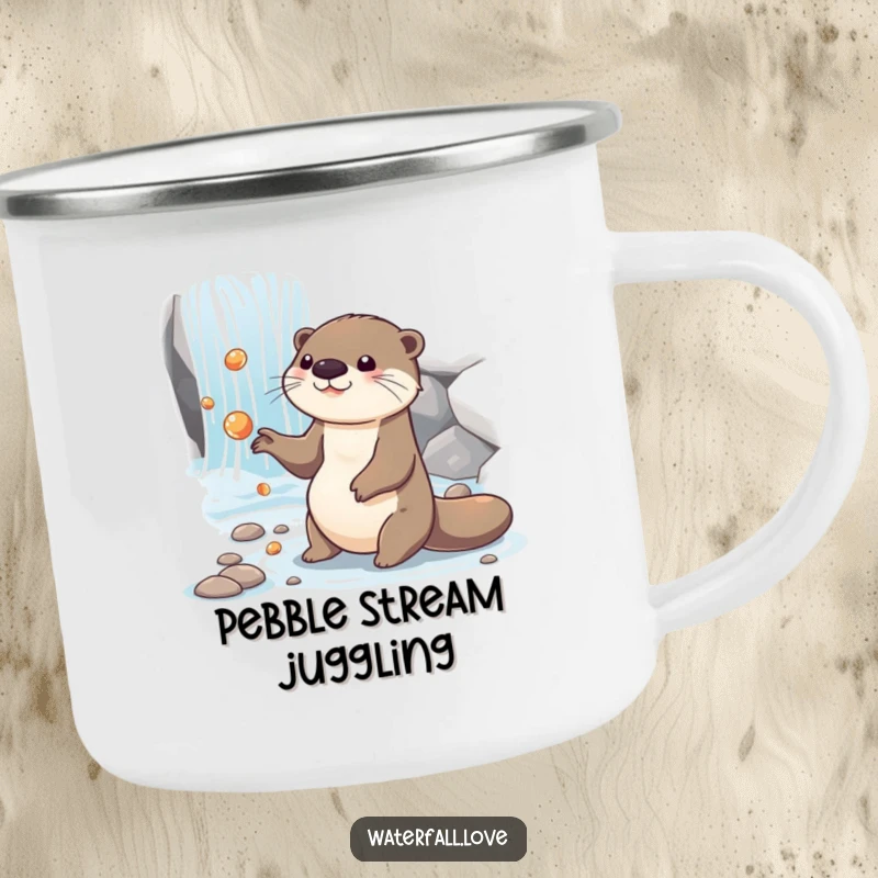 Funny otter juggling shiny pebbles by a cascading waterfall, printed on a rugged and funny enamel camping mug.