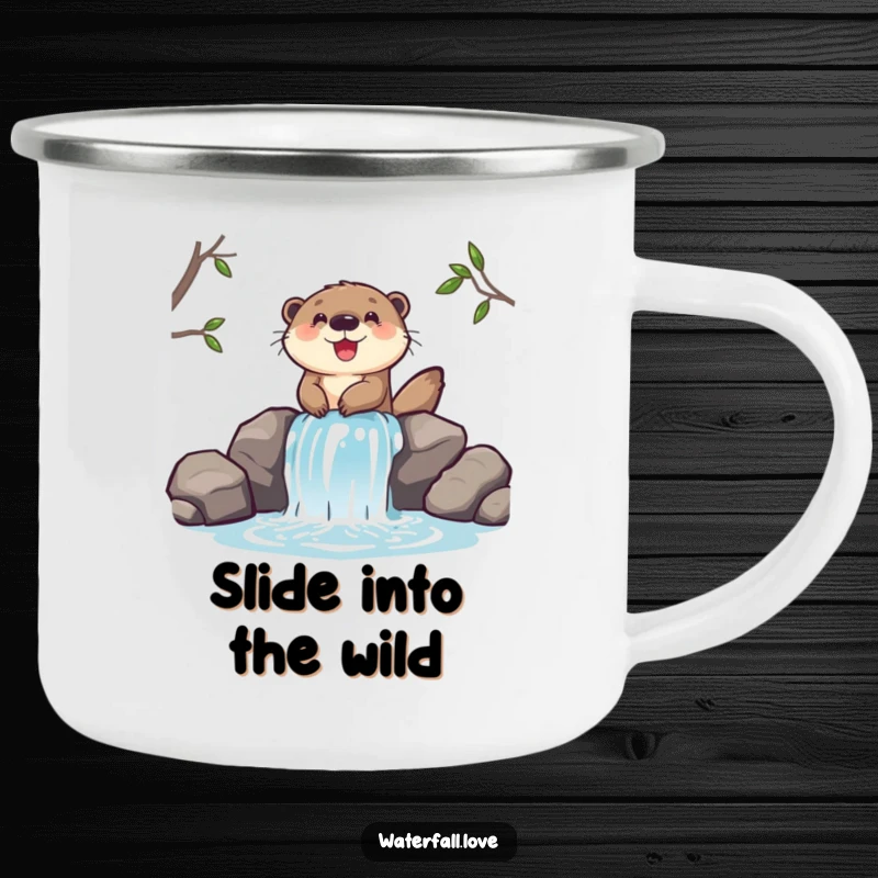 Funny camping mug of a cheerful otter sliding down a miniature waterfall, perfect for outdoor fun and drinks.