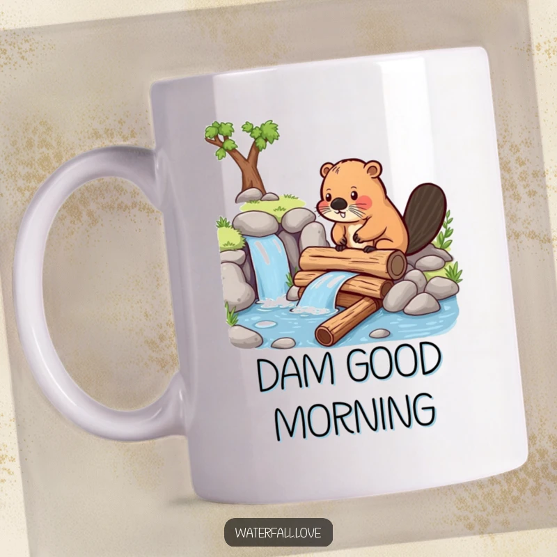 Funny beaver diligently building a small dam with logs near a waterfall, featured on a humorous coffee mug.