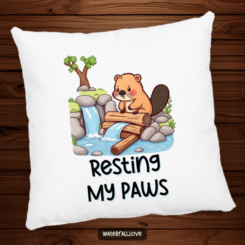 Funny beaver focused on building a dam with logs by a waterfall, depicted on a soft and humorous accent pillow.