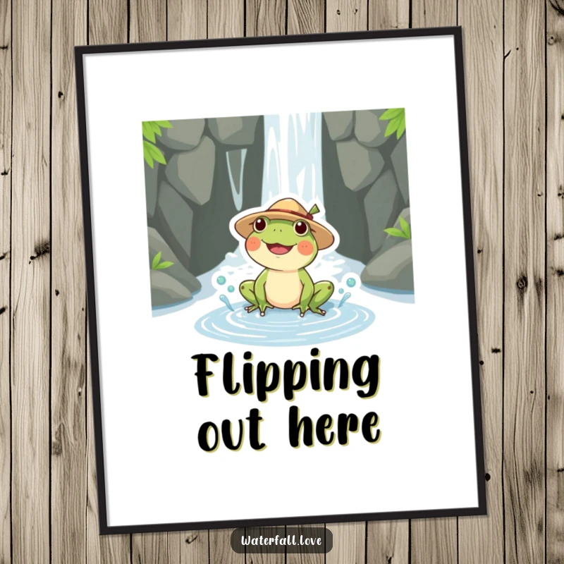Funny frog in a straw hat splashing in a puddle near a waterfall, a high-resolution digital art print for instant download.