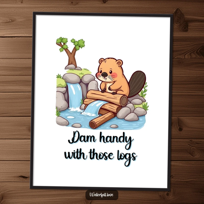Funny Free Printable Wall Art: A determined beaver intently building a small dam with miniature logs by a waterfall.