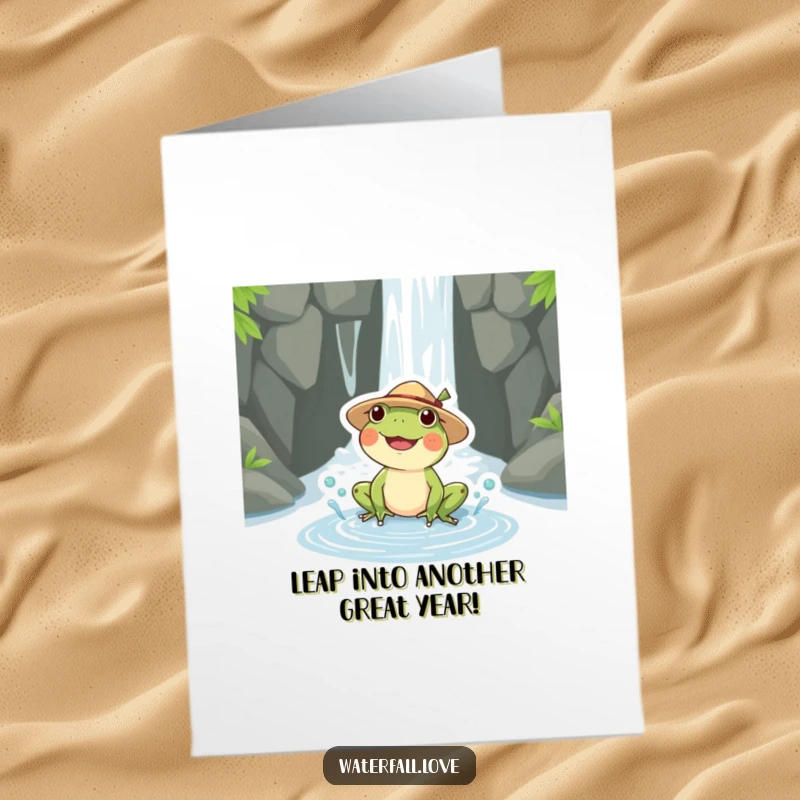 Funny Free Printable Birthday Card: Happy frog in straw hat splashing joyfully in a puddle near a waterfall.