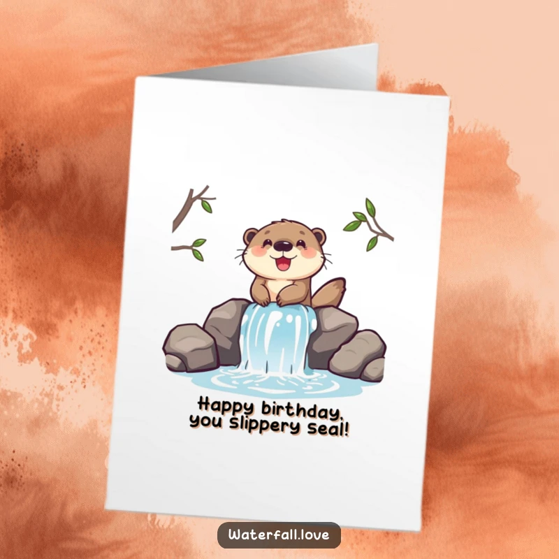 Funny Free Printable Birthday Card: A cheerful otter slides down a miniature waterfall, a fun DIY gift.