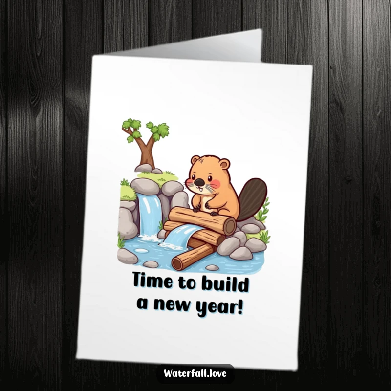Funny Free Printable Birthday Card: Determined beaver meticulously building a tiny dam near a waterfall.