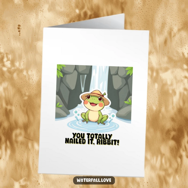 Funny Free Printable Congratulations Card: Joyful frog in a straw hat celebrating near a waterfall, perfect for congrats.