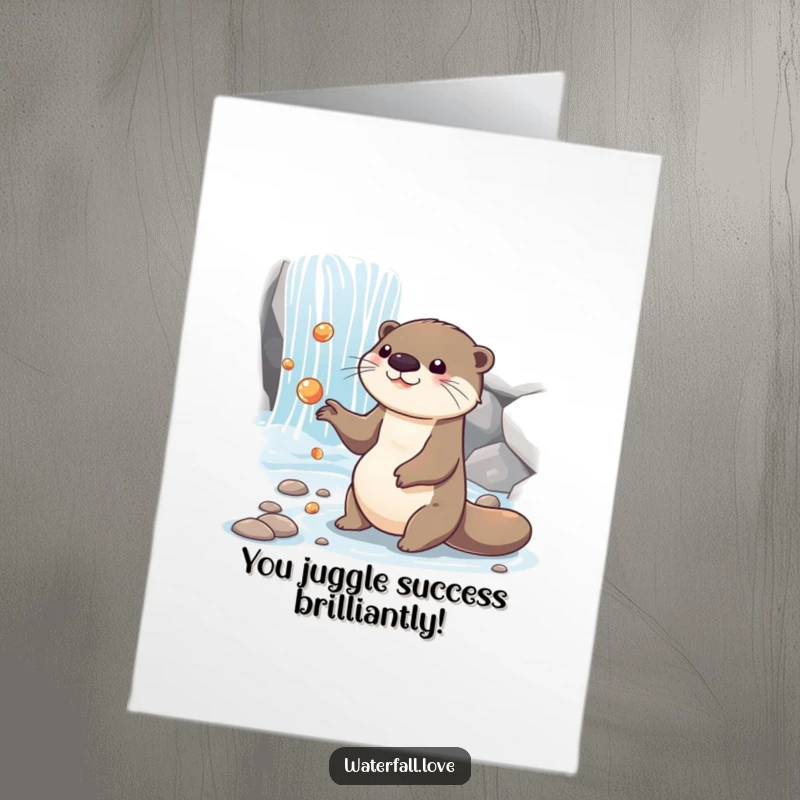 Funny Free Printable Congratulations Card: An otter gleefully juggling shiny pebbles near a cascading waterfall.