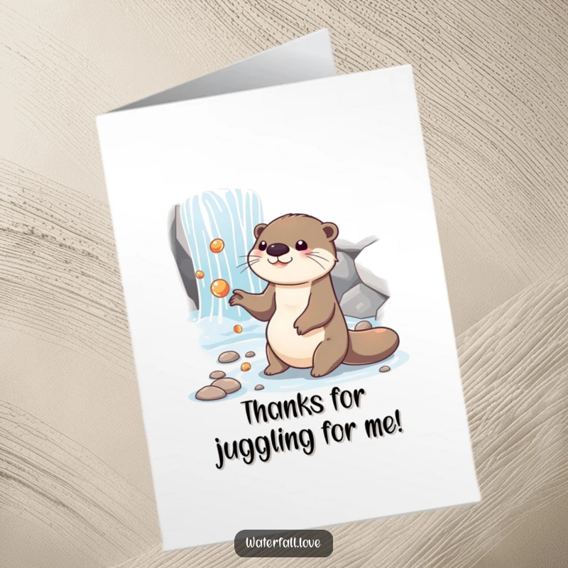 Funny Free Printable Thank You Card: A playful otter juggling shiny pebbles, perfect for saying thank you.
