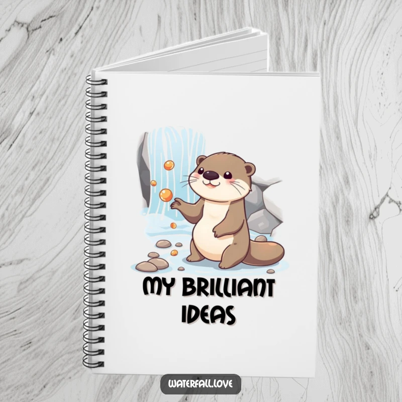 Funny otter juggling shiny pebbles near a cascading waterfall, featured on the cover of a funny notebook.
