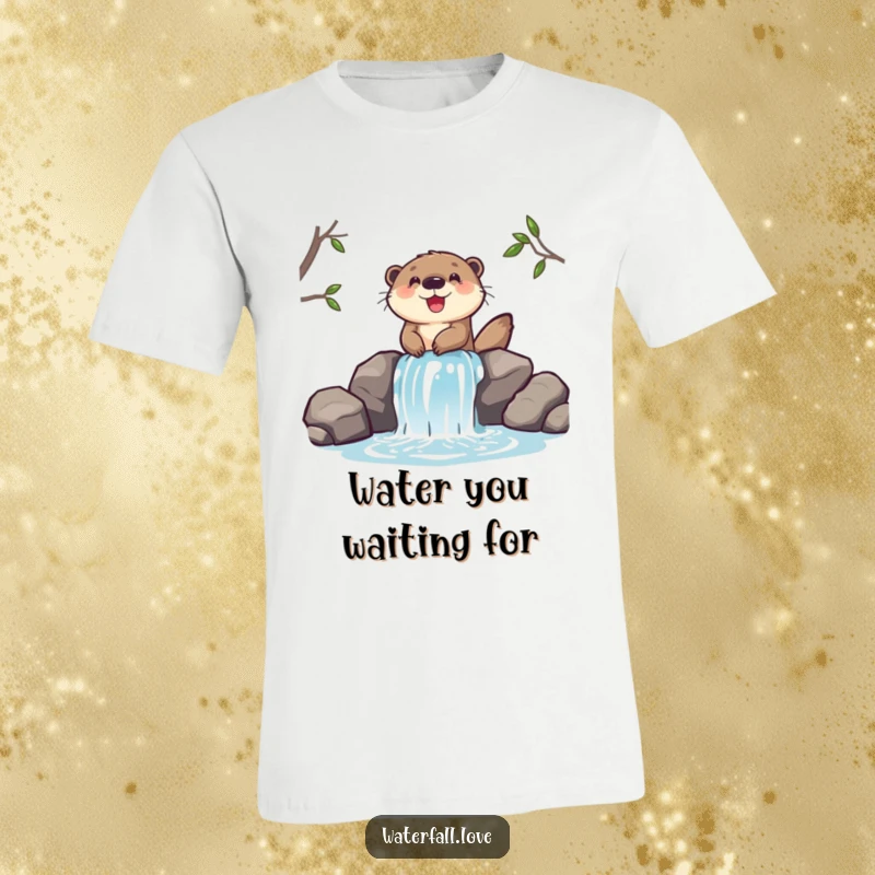 Funny t-shirt depicting a cheerful otter joyfully sliding down a miniature waterfall, radiating pure fun and excitement.
