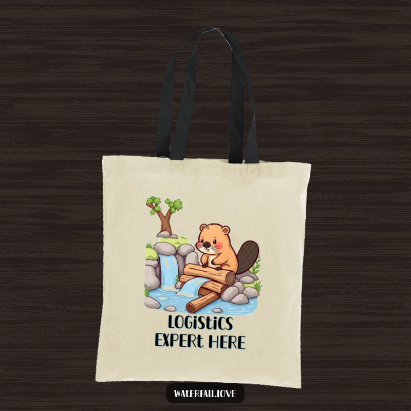 Funny beaver building a small dam with miniature logs near a waterfall, featured on a practical and funny tote bag.